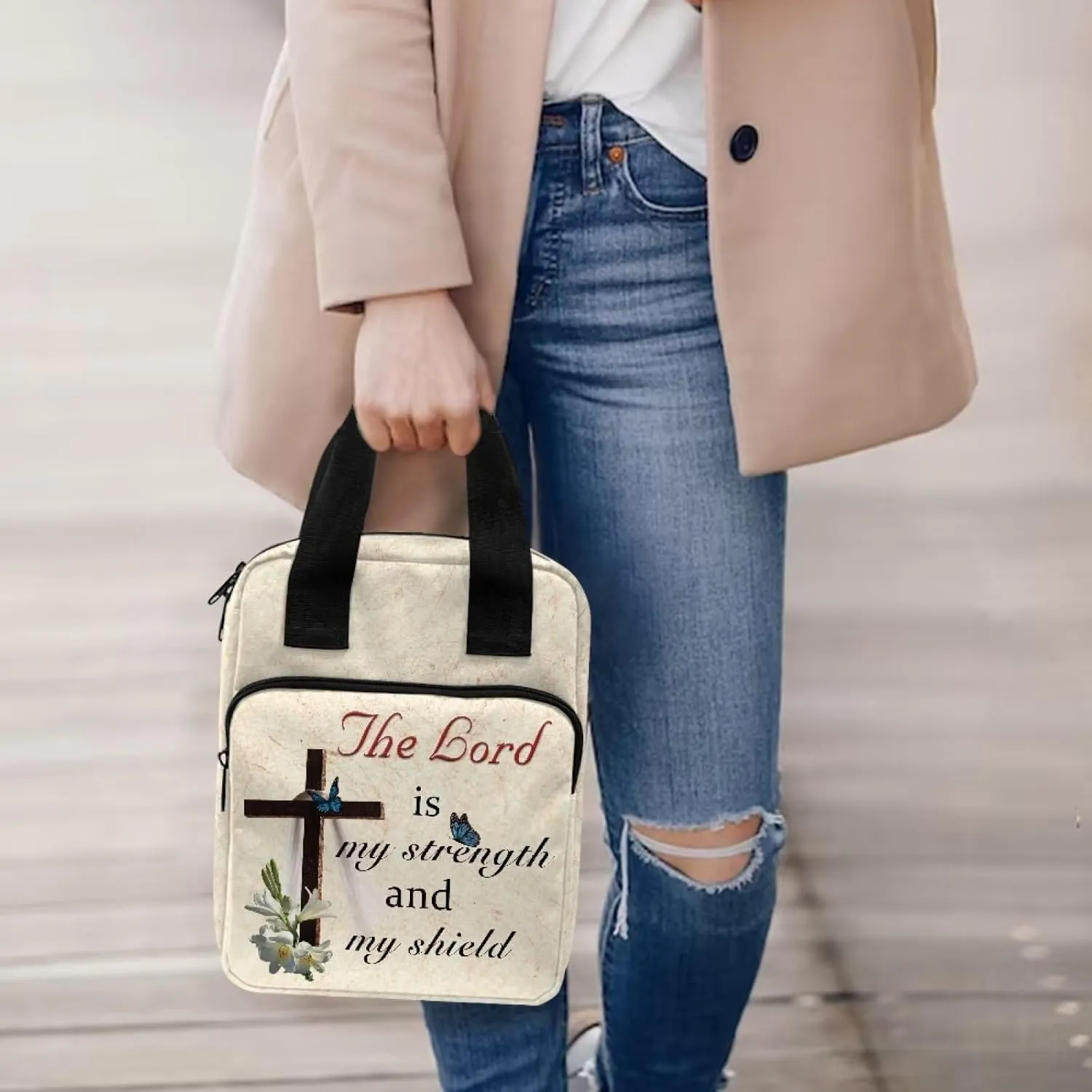 Bible Carrying Cover Scripture Handbag Bible Protective with Handle and Zippered Pocket Church Case for Women
