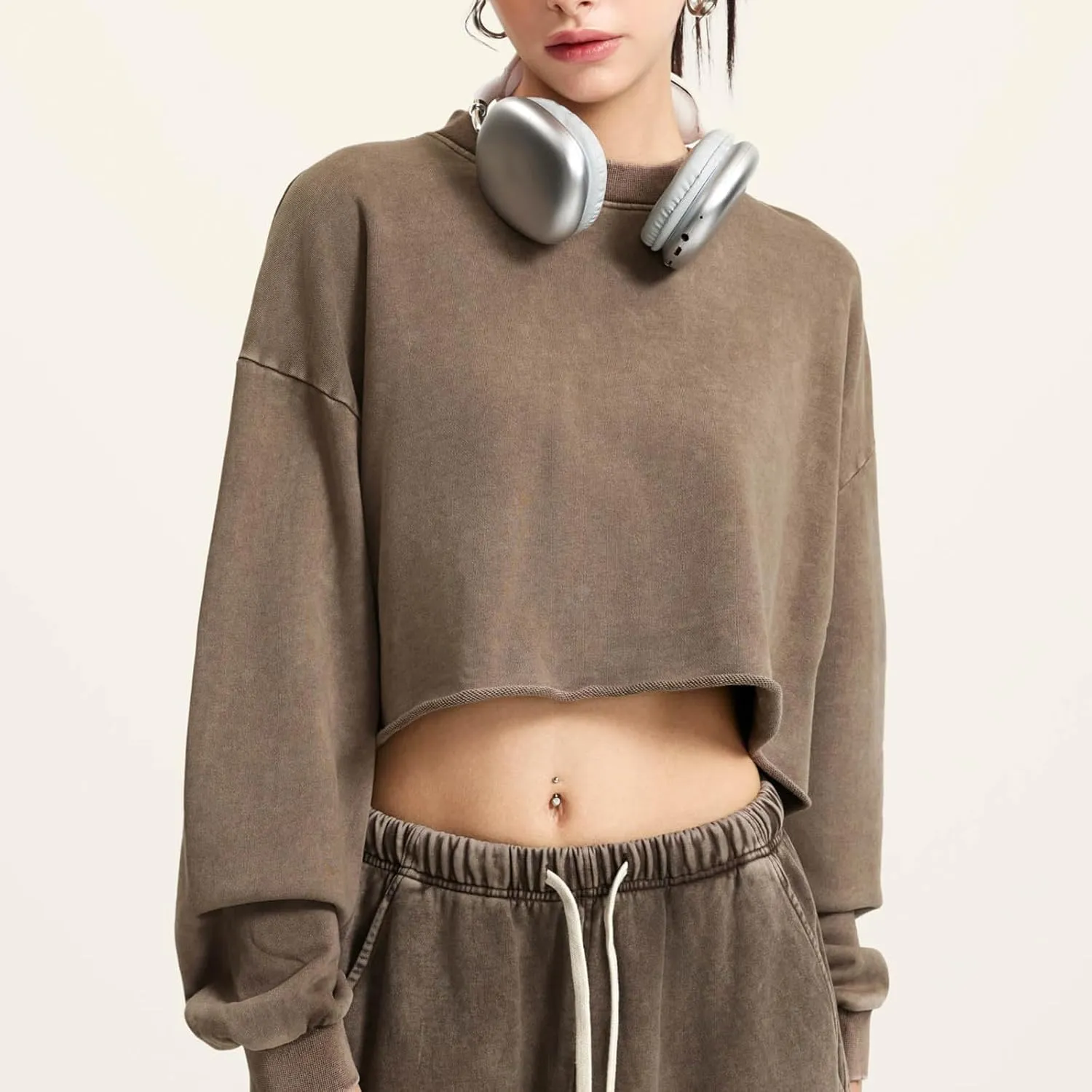 BINTEHGS Acid Wash Cropped Sweatshirts for Women Vintage Crewneck Sweatshirt Long Sleeve Crop Top Workout Hoodies Pullover