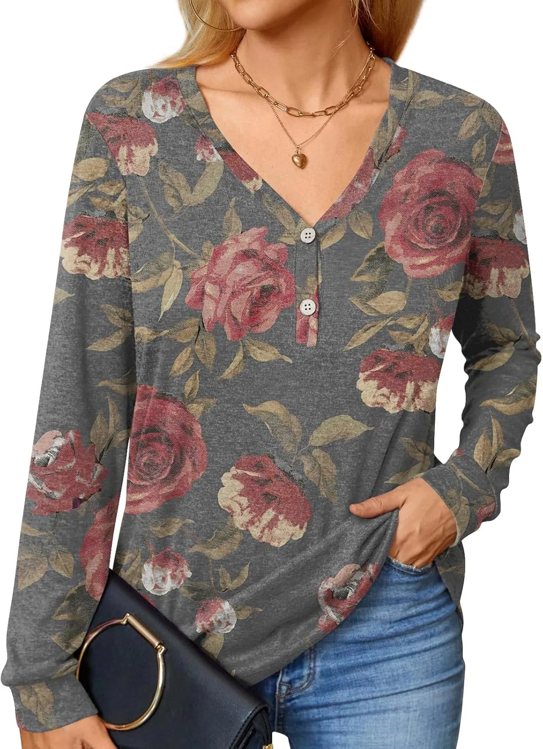 BISHUIGE Womens Button Up T-Shirts Long Sleeve Henley Tunic Tops V-Neck Casual Sweatshirt