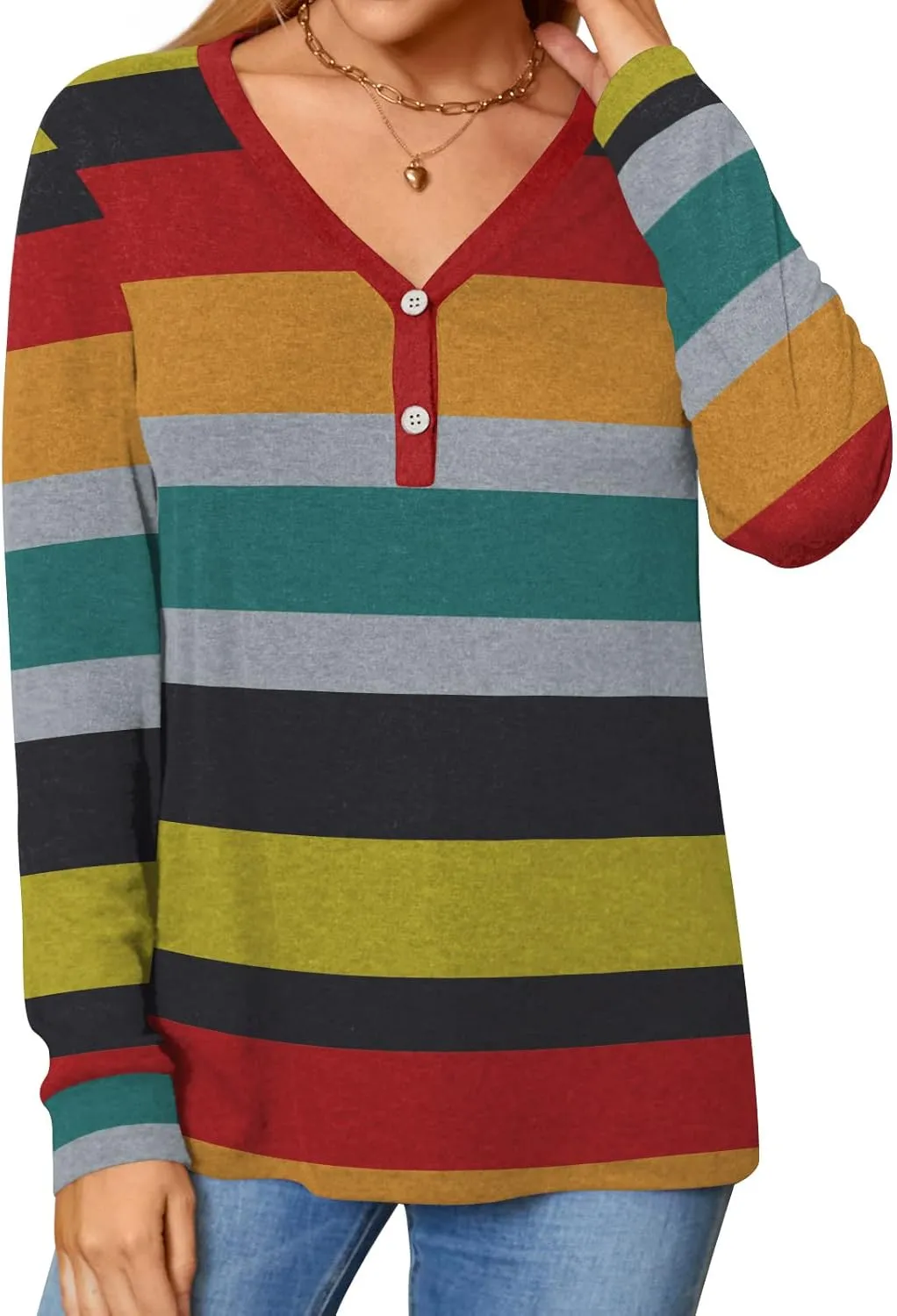 BISHUIGE Womens Button Up T-Shirts Long Sleeve Henley Tunic Tops V-Neck Casual Sweatshirt