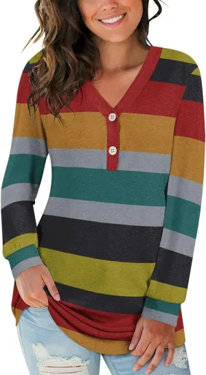 BISHUIGE Womens Button Up T-Shirts Long Sleeve Henley Tunic Tops V-Neck Casual Sweatshirt