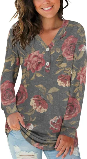 BISHUIGE Womens Button Up T-Shirts Long Sleeve Henley Tunic Tops V-Neck Casual Sweatshirt