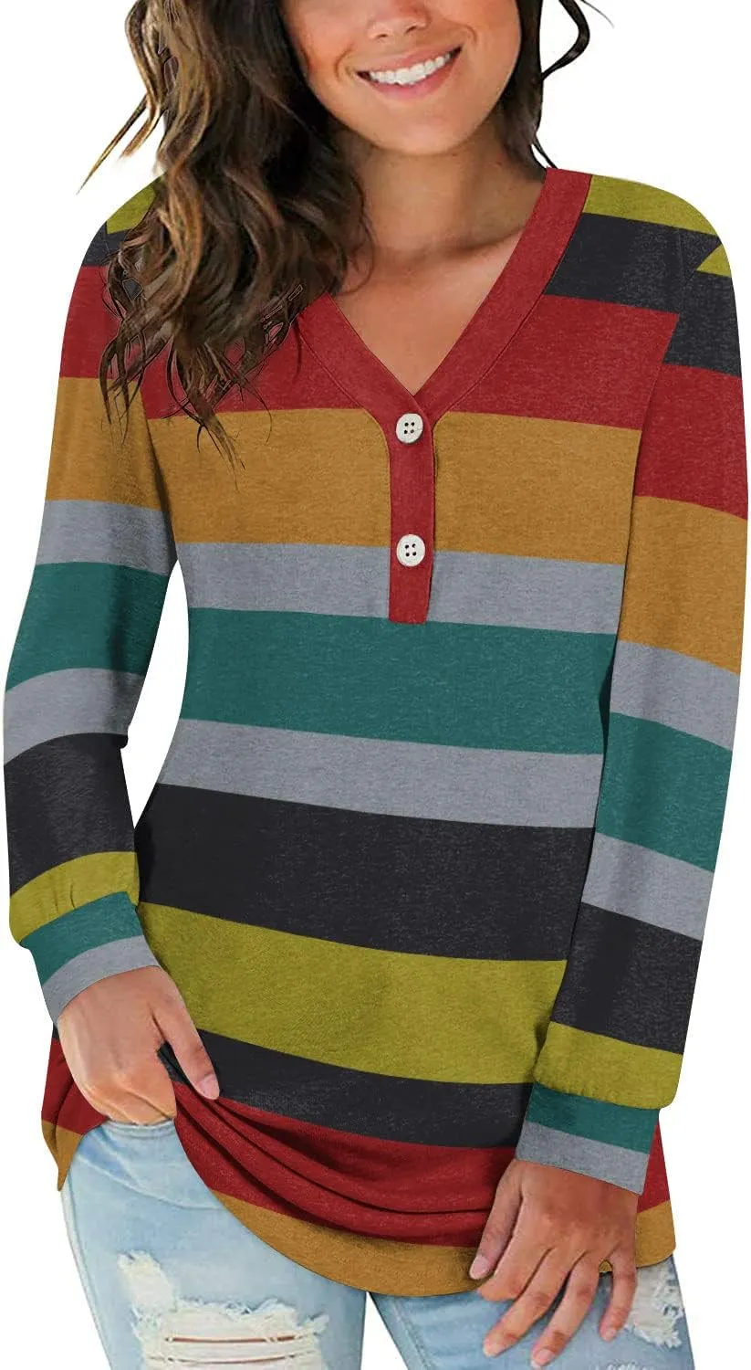 BISHUIGE Womens Button Up T-Shirts Long Sleeve Henley Tunic Tops V-Neck Casual Sweatshirt