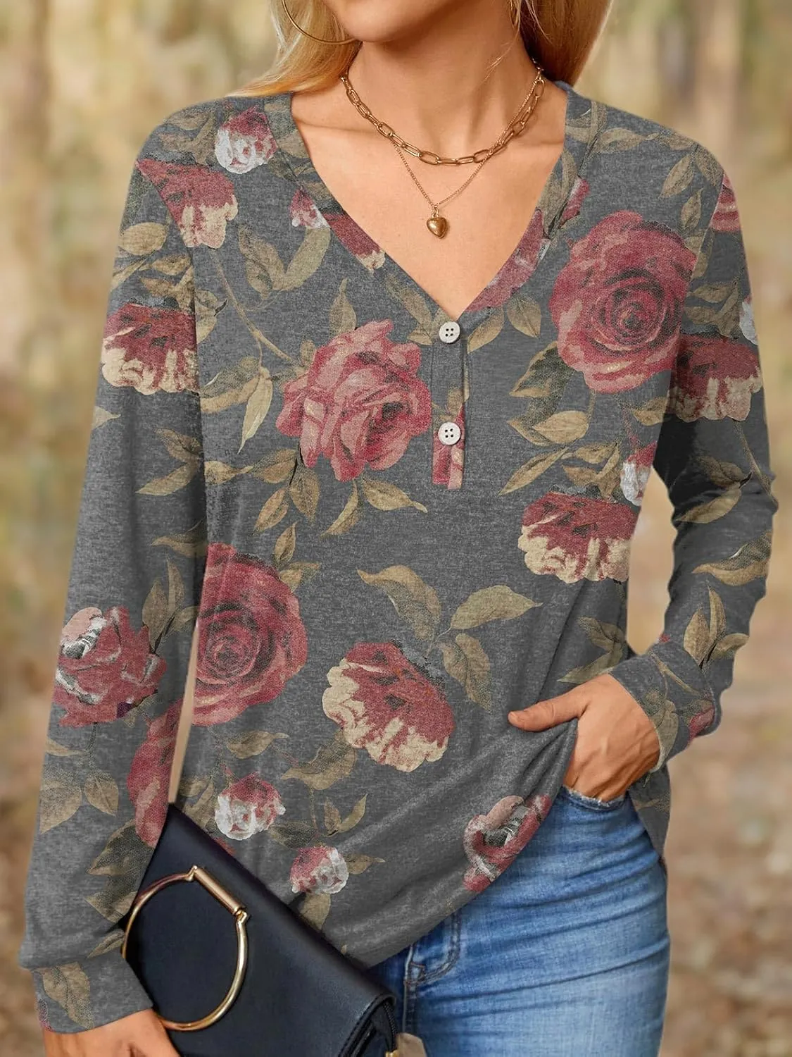BISHUIGE Womens Button Up T-Shirts Long Sleeve Henley Tunic Tops V-Neck Casual Sweatshirt