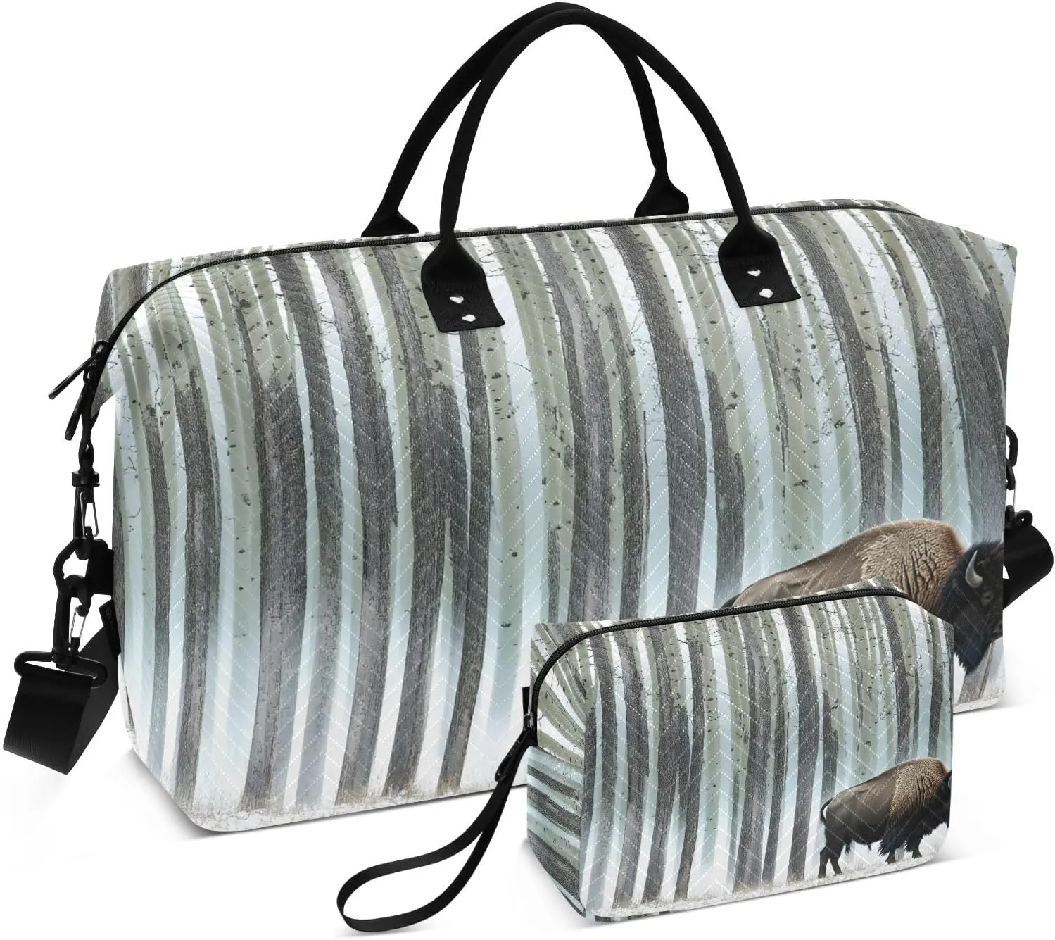 Bison Forest Winter Duffel Bag for Traveling, Travel Bag Gym Bag, with Multiple Interior Pockets Shoulder Weekender Bag for Women Men with Toiletry Bag 20.5L x 7.9W x 13.8H