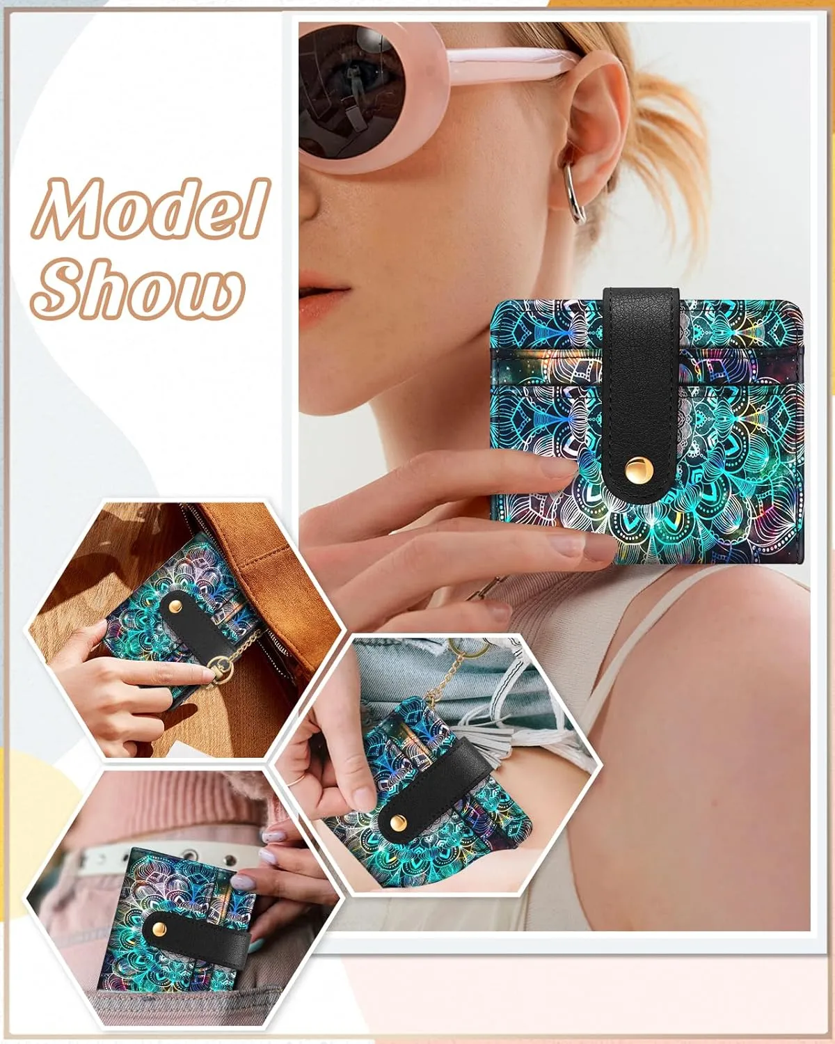 Bistup Wallet Women Slim Cute Leather Thin Bifold Small Card Wallet Purse for Ladies Teen Girls Female Medium Aesthetic Tiny Boho Simple Unique Pretty Modern Credit Card Holder with Keychain Rfid