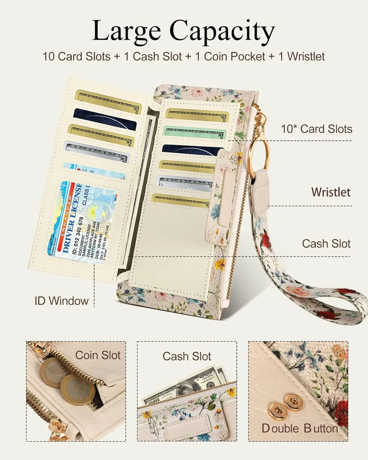 Bistup Wristlet Wallets Women - Cute Leather Ladies Teen Girls Credit Card Holder Keychain Large Capacity Flower Floral Rfid