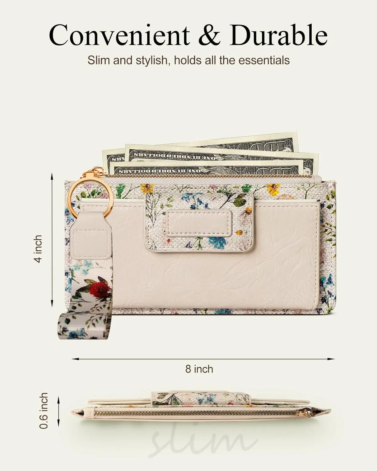 Bistup Wristlet Wallets Women - Cute Leather Ladies Teen Girls Credit Card Holder Keychain Large Capacity Flower Floral Rfid