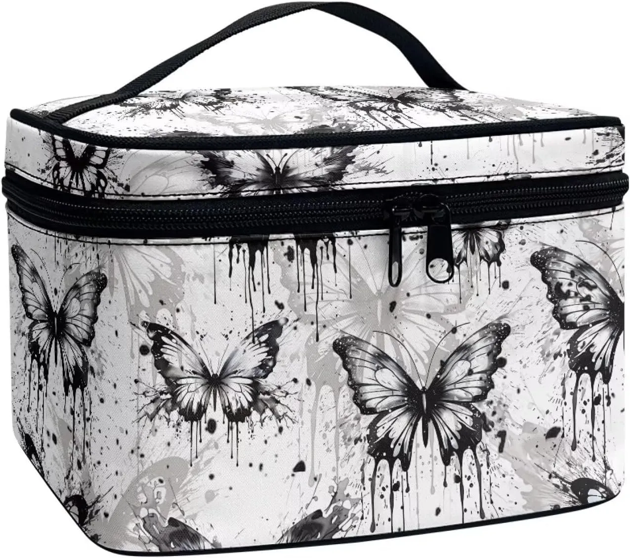 Black Butterfly Makeup Bag Organizer Insert Lightweight Cosmetic Pouch Square Organizer with Handle Toiletry Bag with Brush Slots Ideal Gifts for Women