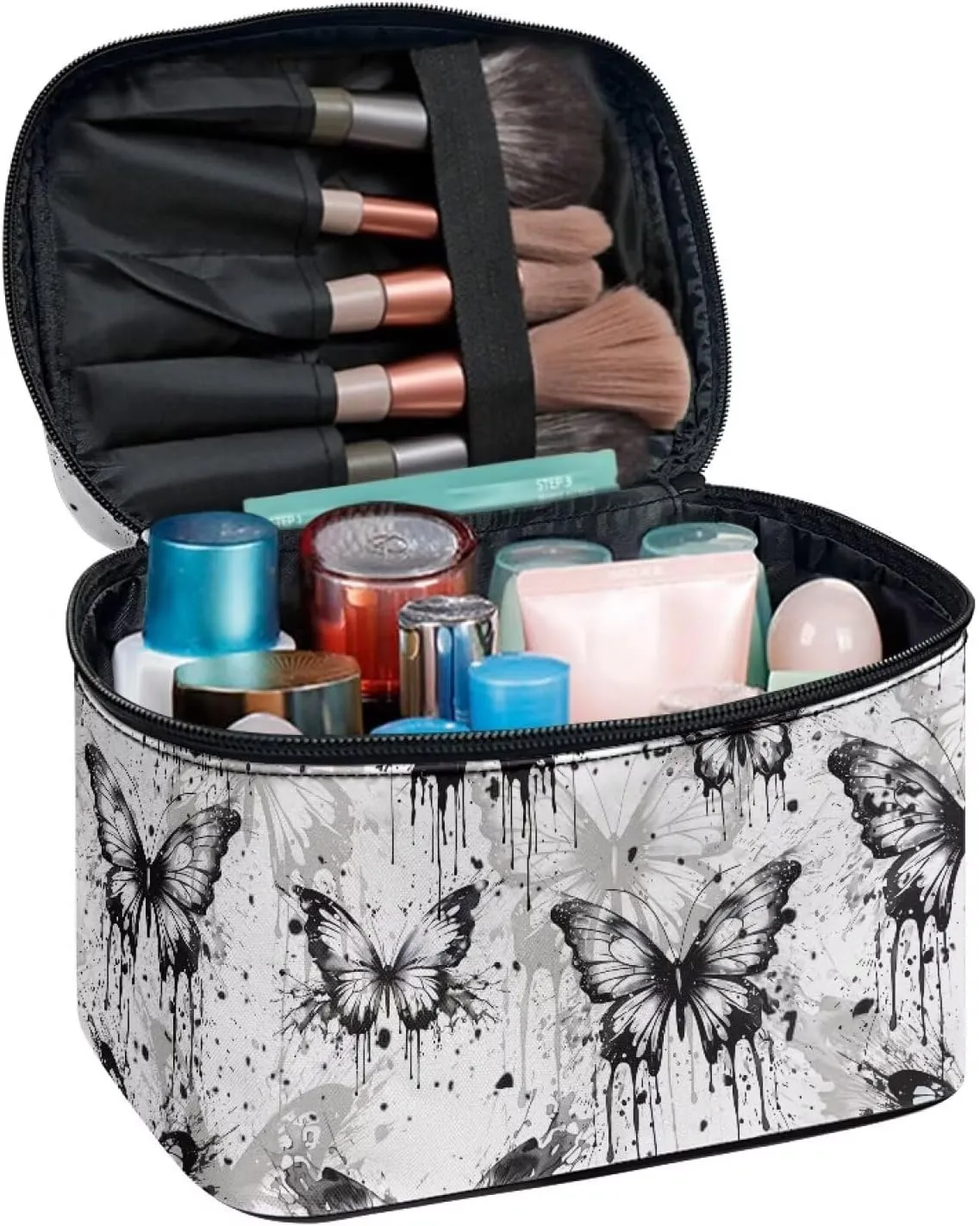 Black Butterfly Makeup Bag Organizer Insert Lightweight Cosmetic Pouch Square Organizer with Handle Toiletry Bag with Brush Slots Ideal Gifts for Women