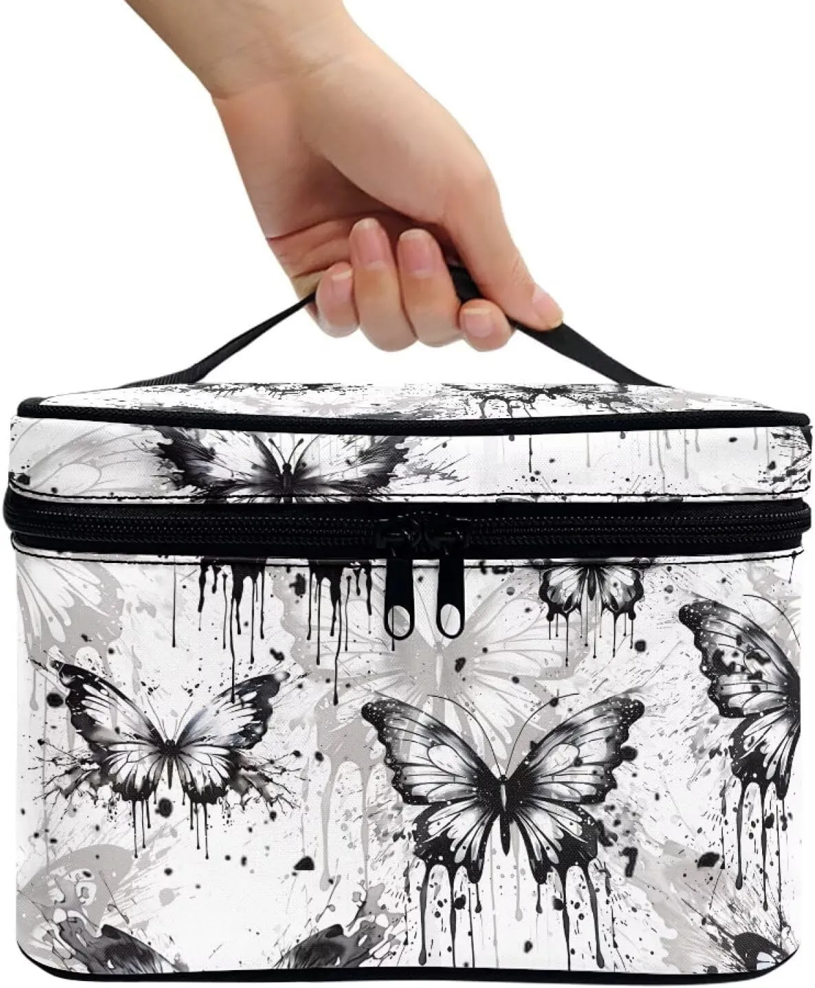 Black Butterfly Makeup Bag Organizer Insert Lightweight Cosmetic Pouch Square Organizer with Handle Toiletry Bag with Brush Slots Ideal Gifts for Women