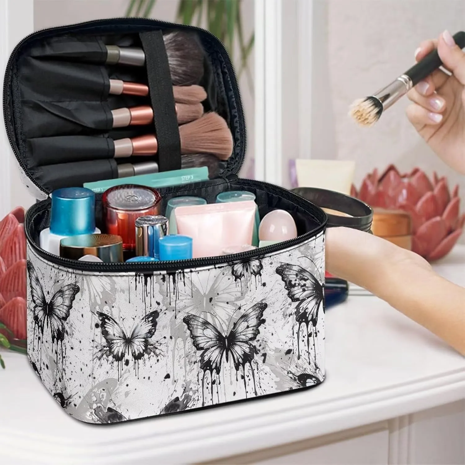 Black Butterfly Makeup Bag Organizer Insert Lightweight Cosmetic Pouch Square Organizer with Handle Toiletry Bag with Brush Slots Ideal Gifts for Women
