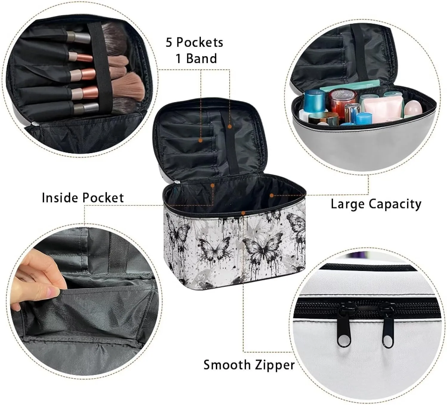 Black Butterfly Makeup Bag Organizer Insert Lightweight Cosmetic Pouch Square Organizer with Handle Toiletry Bag with Brush Slots Ideal Gifts for Women