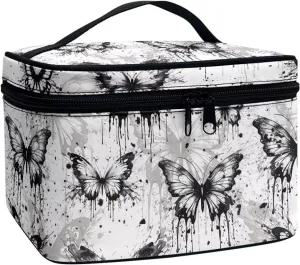 Black Butterfly Makeup Bag Organizer Insert Lightweight Cosmetic Pouch Square Organizer with Handle Toiletry Bag with Brush Slots Ideal Gifts for Women