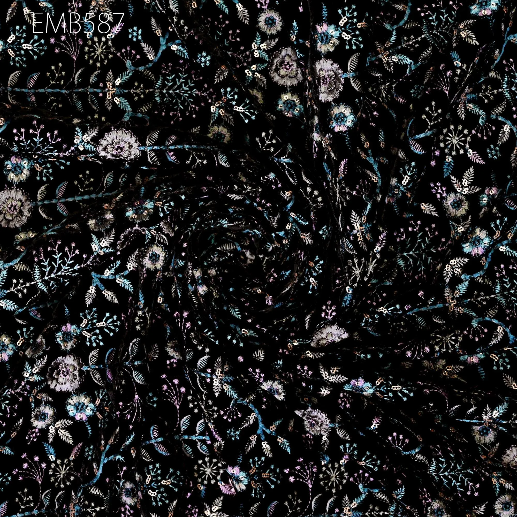 Black Indian Embroidered Velvet Fabric by the yard Sewing DIY Crafting Wedding Dress Costumes Doll Cushion Cover Table Runner Quilting