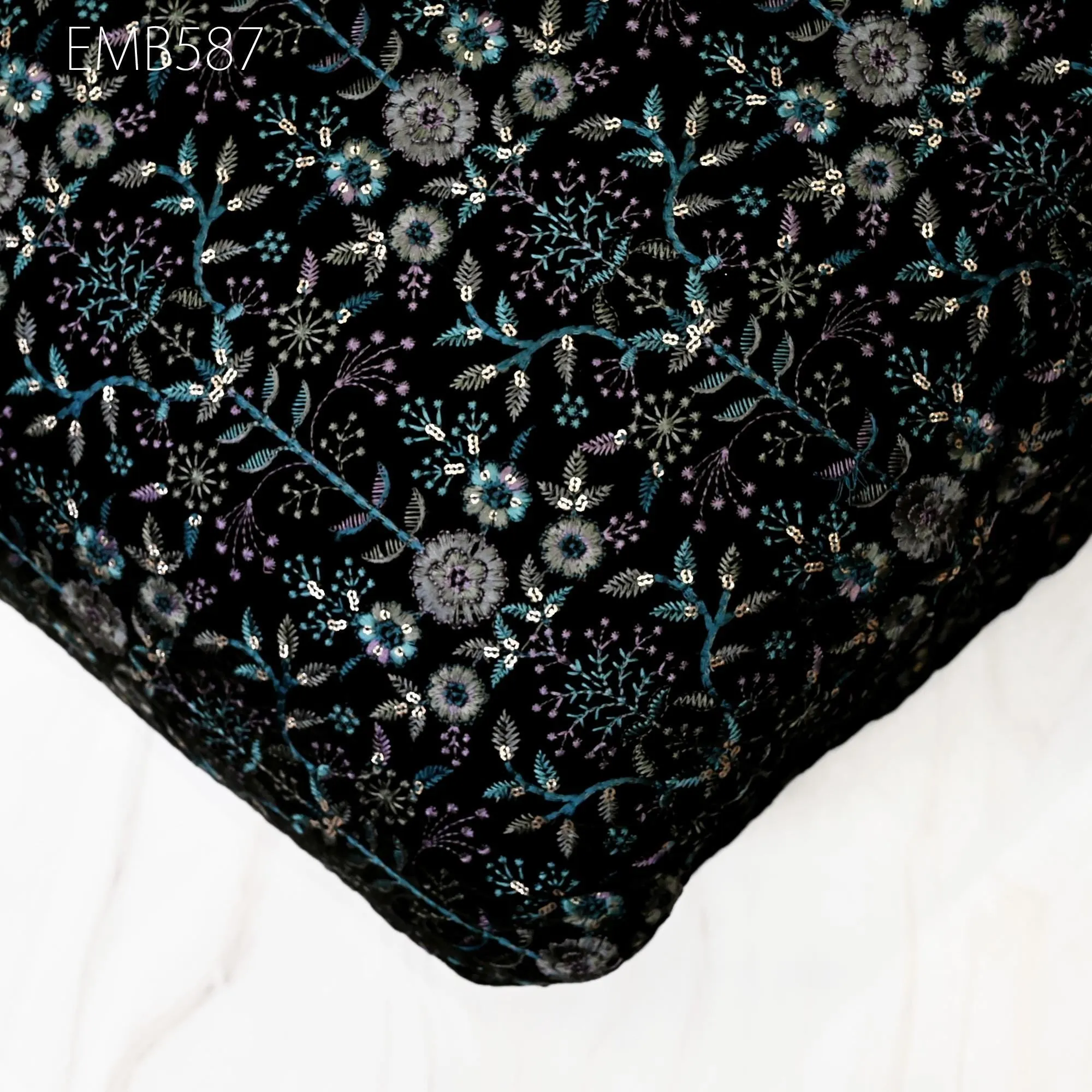 Black Indian Embroidered Velvet Fabric by the yard Sewing DIY Crafting Wedding Dress Costumes Doll Cushion Cover Table Runner Quilting