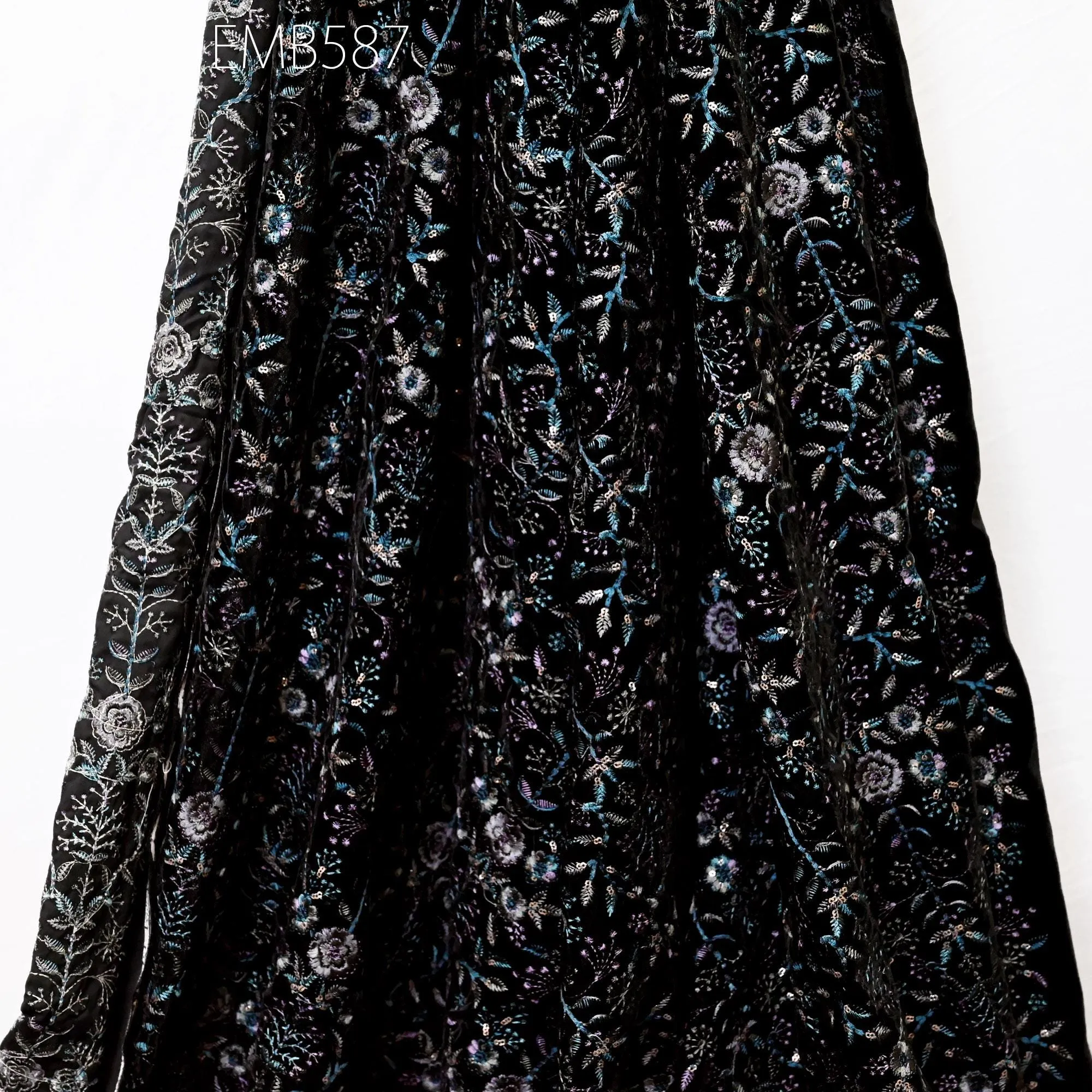 Black Indian Embroidered Velvet Fabric by the yard Sewing DIY Crafting Wedding Dress Costumes Doll Cushion Cover Table Runner Quilting