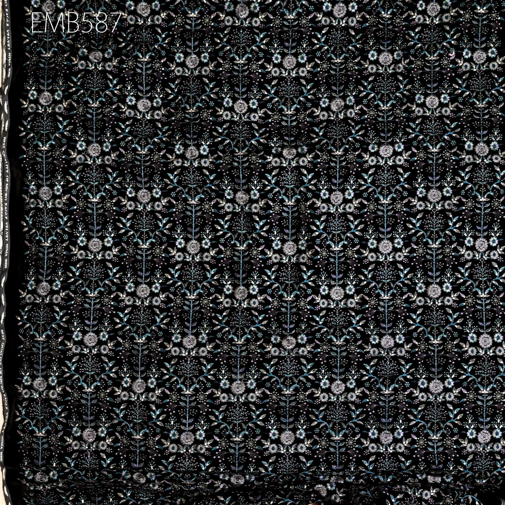 Black Indian Embroidered Velvet Fabric by the yard Sewing DIY Crafting Wedding Dress Costumes Doll Cushion Cover Table Runner Quilting