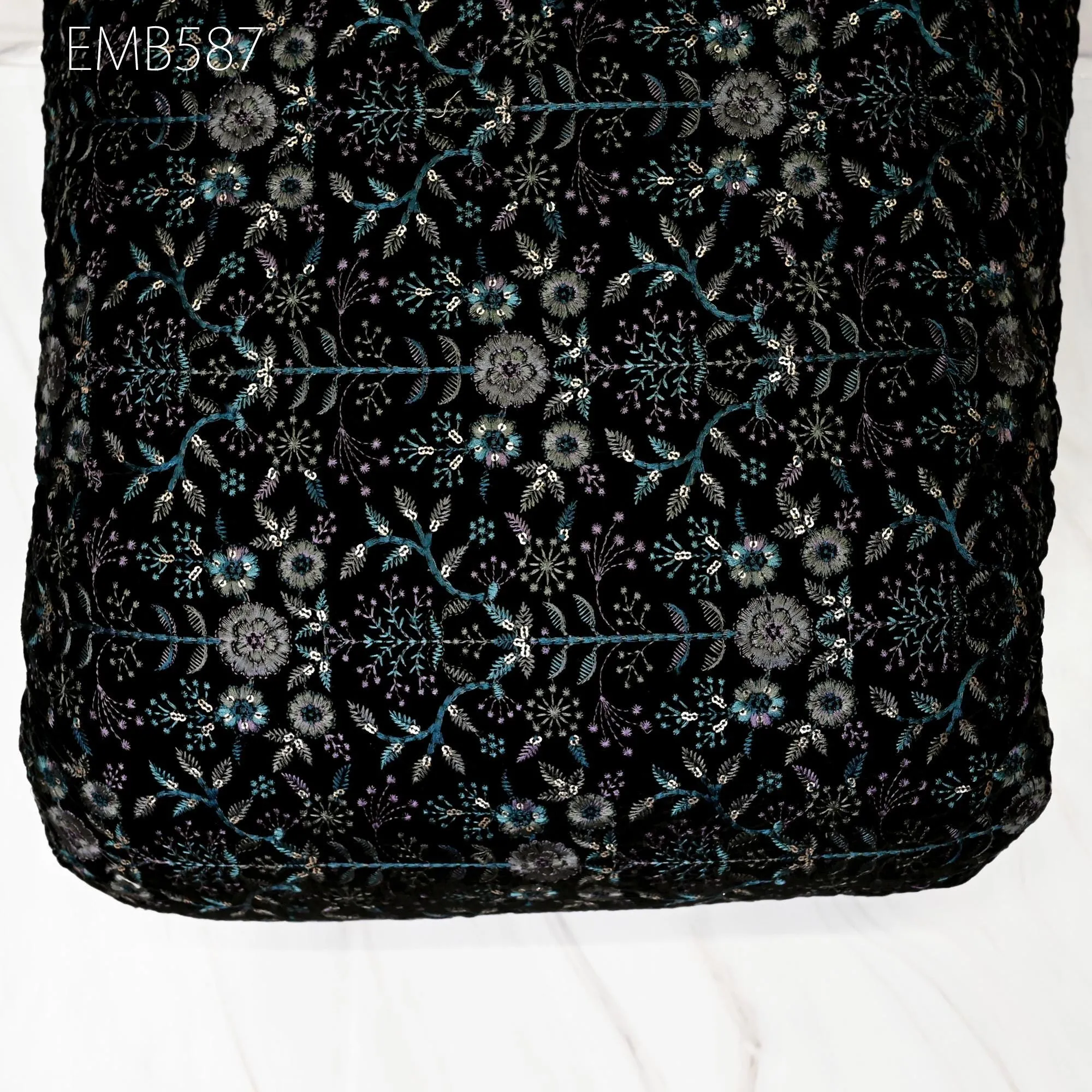 Black Indian Embroidered Velvet Fabric by the yard Sewing DIY Crafting Wedding Dress Costumes Doll Cushion Cover Table Runner Quilting