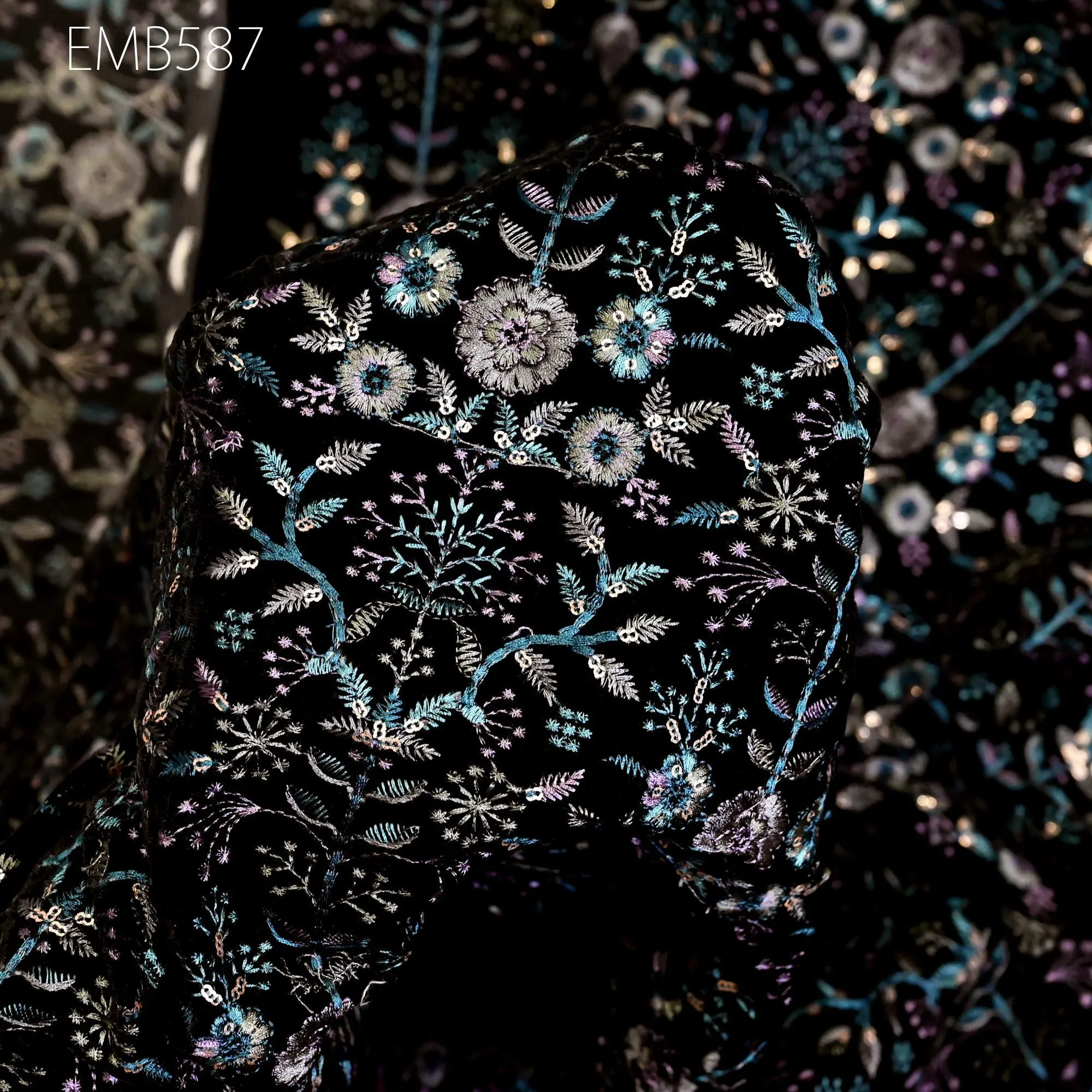 Black Indian Embroidered Velvet Fabric by the yard Sewing DIY Crafting Wedding Dress Costumes Doll Cushion Cover Table Runner Quilting