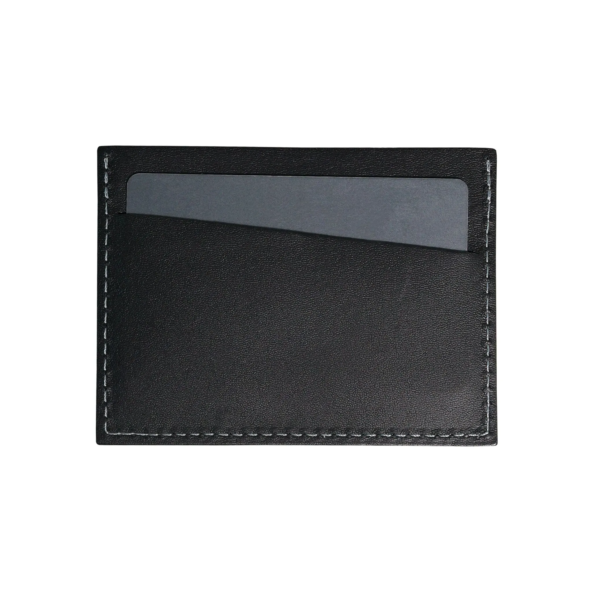 Black Leather Card Sleeve Wallet With Grey Stitching