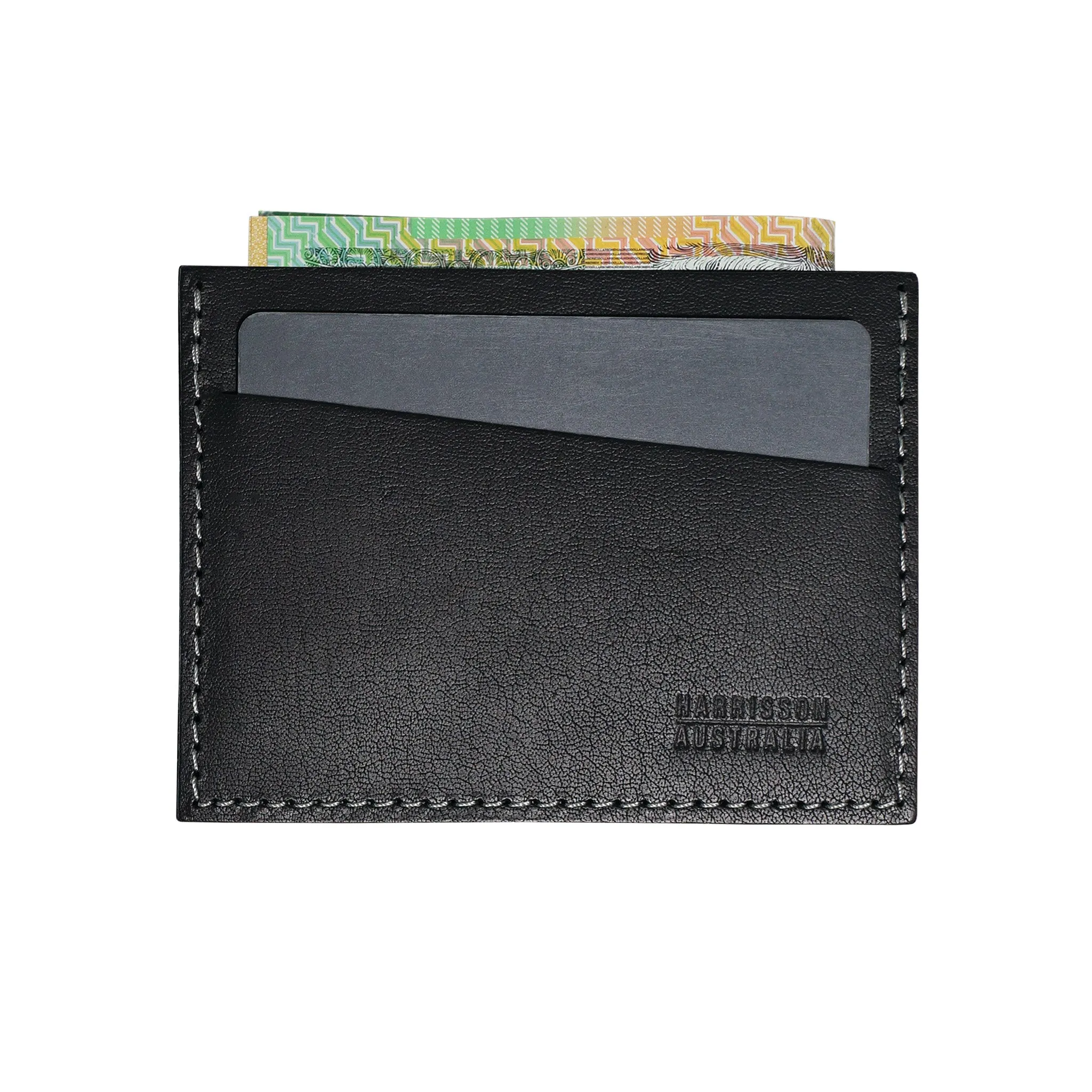 Black Leather Card Sleeve Wallet With Grey Stitching
