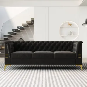 Black Velvet Couch Sofa, 82" Mid-Century Modern Tufted Chesterfield Sofa with Flared Arms and Removable Cushions, Comfy 3 Seater Couch with Gold Metal Legs for Living Room (Black)