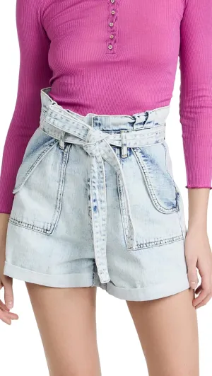 [BLANKNYC] Womens Pleated Denim Paper Bag Cuffed Shorts with Self Belt, Stylish & Designer Clothing