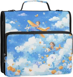 Blue and White Plane 1.5 Inch 3 Rings Binder with Extra Pockets with Shoulder Strap & Handle Easy to Carry Portable Home Travel Safe Storage Bag for School and Office