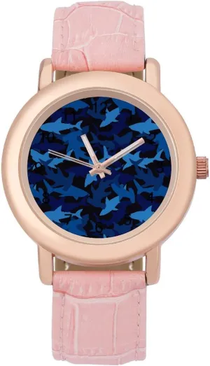 Blue Camouflage Sharks Wrist Watches for Women Pink Leather Band Watch Fashion Three-Hand Watch Gift for Ladies