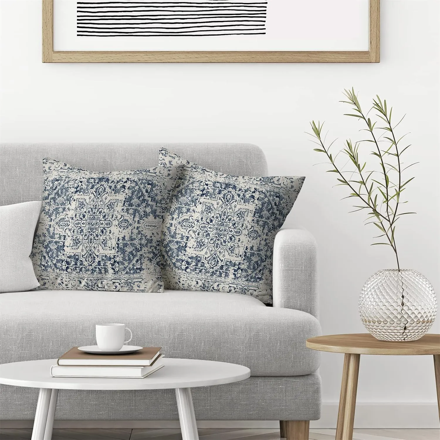 Boho Pillow Covers 20x20 Set of 2, Ethnic Design Decorative Throw Pillows Linen Blue Carpet Pattern Farmhouse Cushion Pillow Covers for Sofa Couch Outdoor Decor
