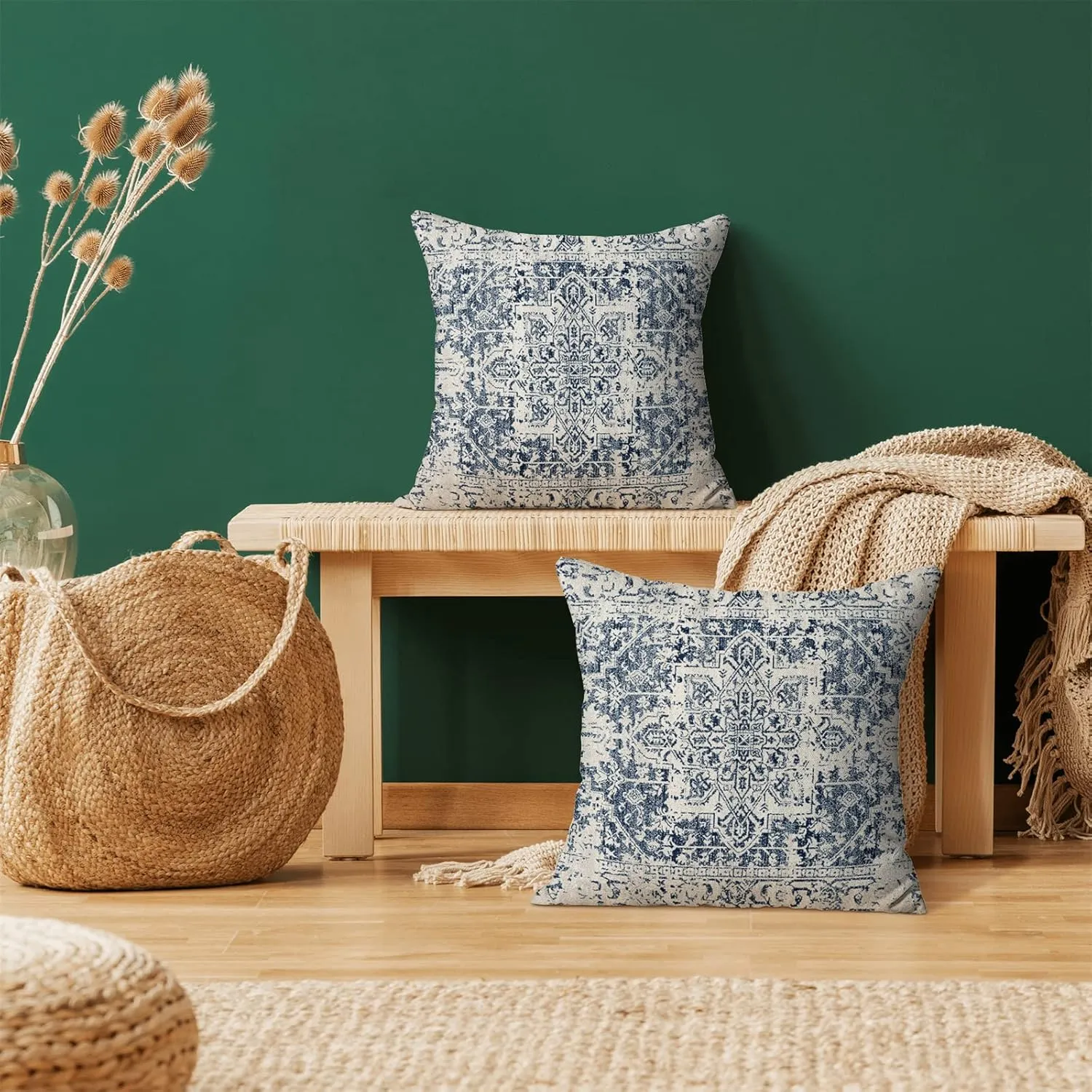 Boho Pillow Covers 20x20 Set of 2, Ethnic Design Decorative Throw Pillows Linen Blue Carpet Pattern Farmhouse Cushion Pillow Covers for Sofa Couch Outdoor Decor
