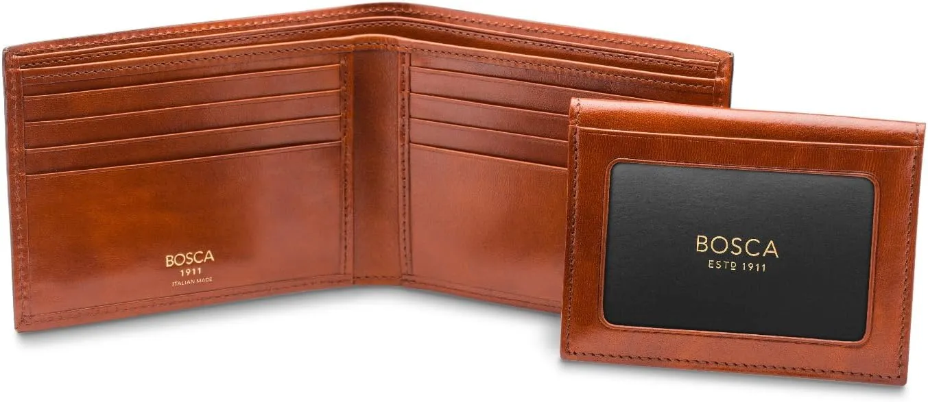 Bosca Men's Italian Leather Bifold Wallet with Removable ID Passcase, RFID Blocking, 8 Card Slots, and Divided Currency Well - Made in Italy, Amber Tan