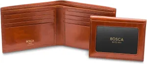 Bosca Men's Italian Leather Bifold Wallet with Removable ID Passcase, RFID Blocking, 8 Card Slots, and Divided Currency Well - Made in Italy, Amber Tan