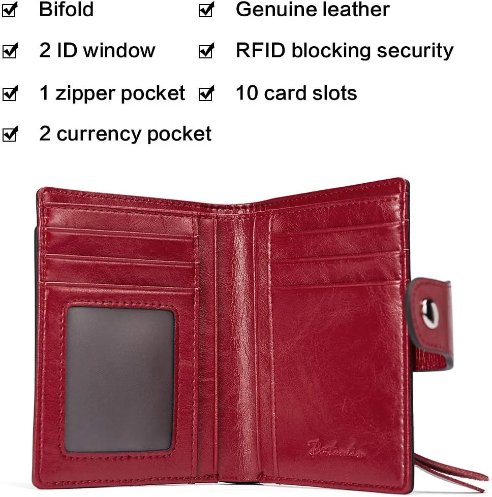 BOSTANTEN Women Leather Wallet RFID Blocking Small Bifold Zipper Pocket Wallet Card Case Purse with ID Window