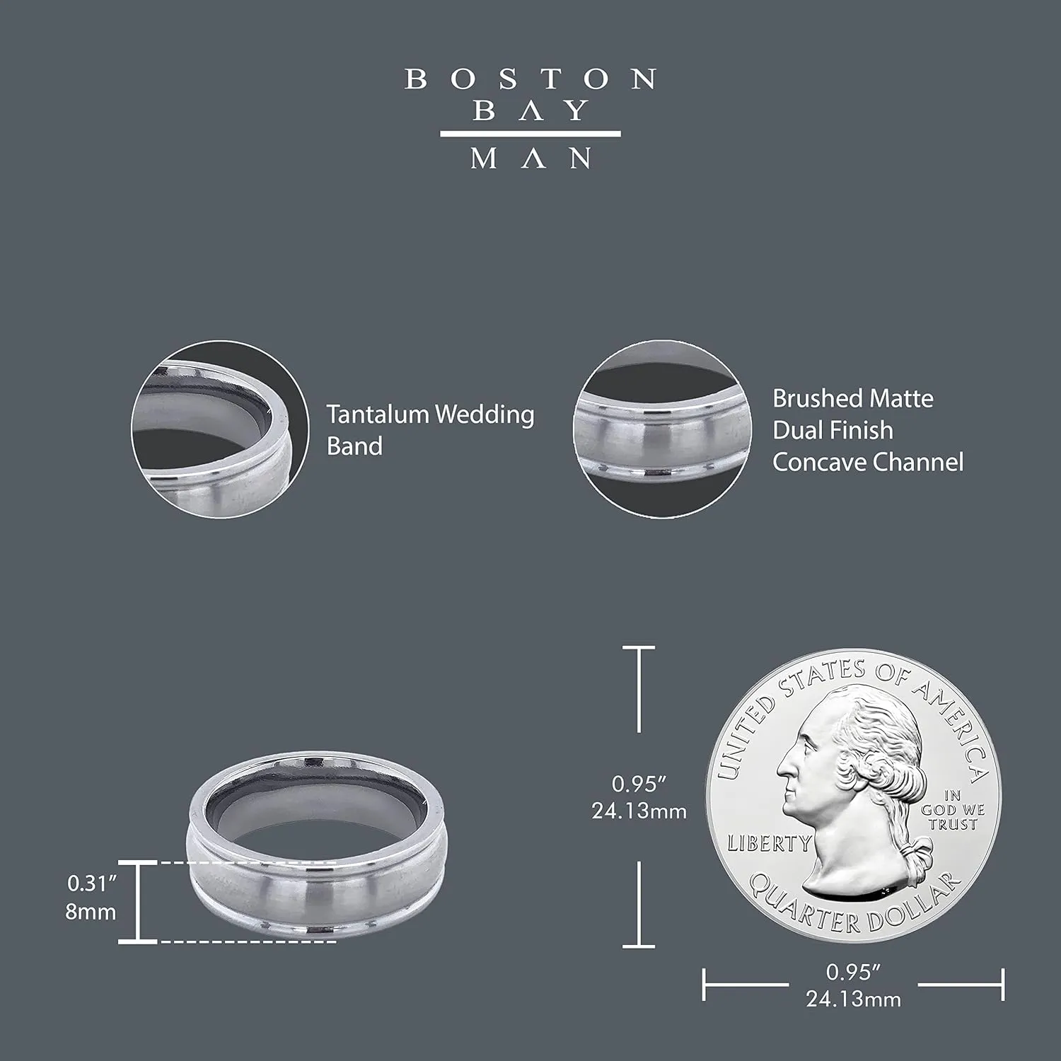 Boston Bay Diamonds Tantalum Comfort Fit Mens Wedding Band or Fashion Ring - 7mm & 8mm - Choice of Style