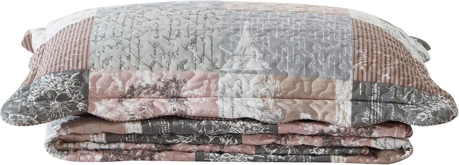 Brilliant Sunshine Paris and Toile Floral Quilt Set, 2-Piece Bedding Sets with 1 Sham, Patchwork Design, Washable and Reversible Bedspread, Soft Lightweight Coverlet, All-Season, Twin, Latte Grey