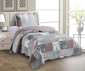 Brilliant Sunshine Paris and Toile Floral Quilt Set, 2-Piece Bedding Sets with 1 Sham, Patchwork Design, Washable and Reversible Bedspread, Soft Lightweight Coverlet, All-Season, Twin, Latte Grey