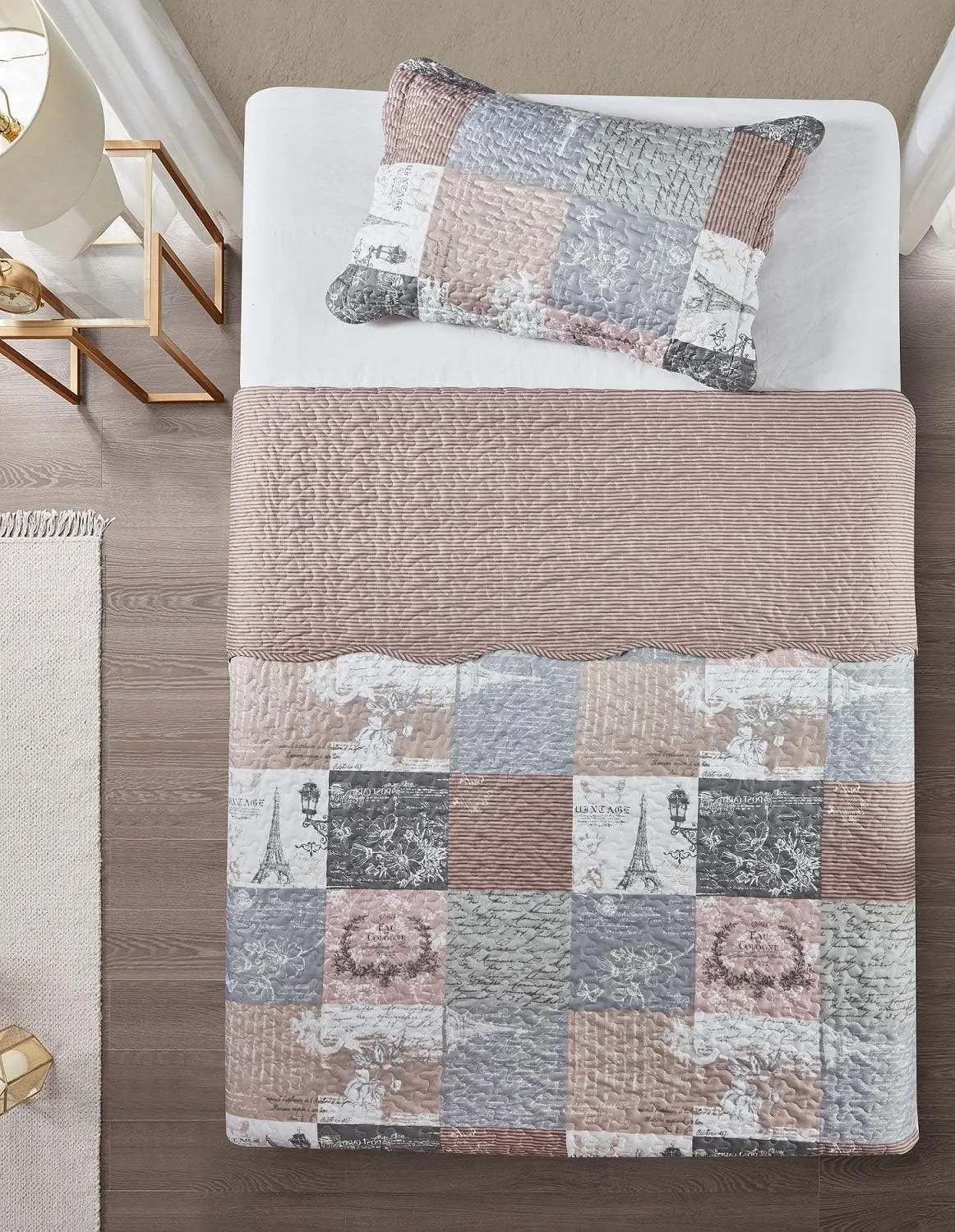 Brilliant Sunshine Paris and Toile Floral Quilt Set, 2-Piece Bedding Sets with 1 Sham, Patchwork Design, Washable and Reversible Bedspread, Soft Lightweight Coverlet, All-Season, Twin, Latte Grey