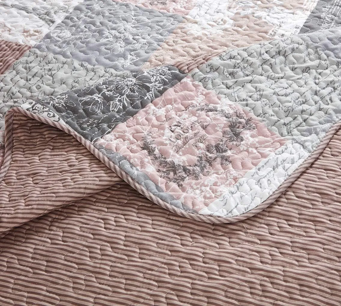 Brilliant Sunshine Paris and Toile Floral Quilt Set, 2-Piece Bedding Sets with 1 Sham, Patchwork Design, Washable and Reversible Bedspread, Soft Lightweight Coverlet, All-Season, Twin, Latte Grey