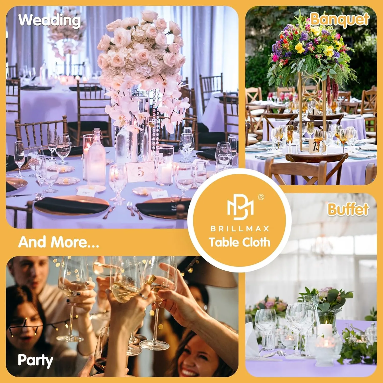 BRILLMAX 6 Pack Lavender Round Tablecloths 132 Inch - Circle Bulk Linen Polyester Fabric Washable Table Cloth Cover for Wedding Reception Banquet Birthday Party Buffet Restaurant
