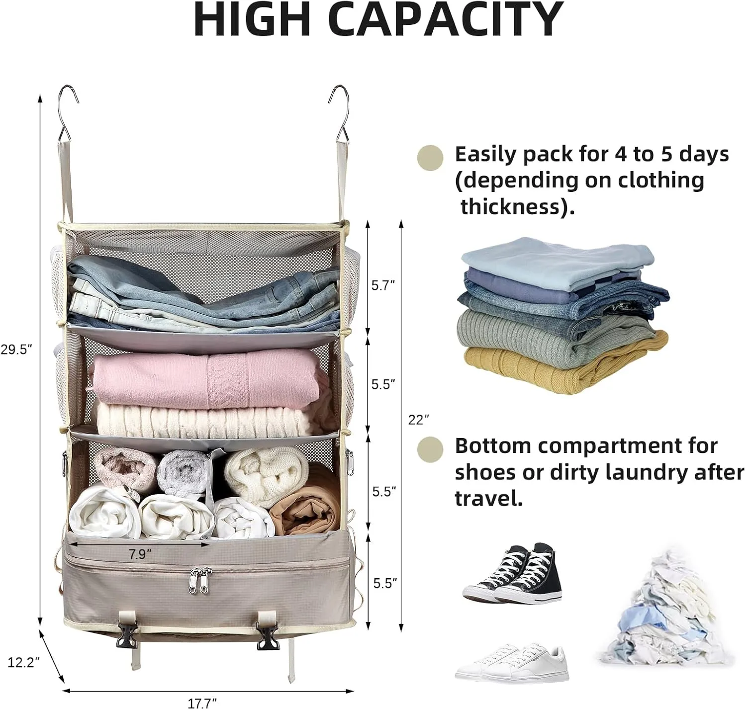 Bukere Hanging Packing Cube for Travel, Portable Shelves Organizer Bag for Luggage Suitcase, Travel Essentials, Compression Carry-On Closet Storage, X-Large Capacity