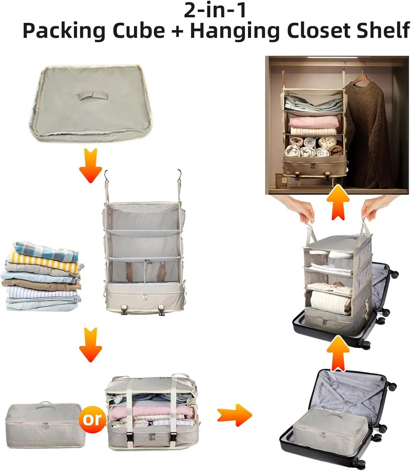 Bukere Hanging Packing Cube for Travel, Portable Shelves Organizer Bag for Luggage Suitcase, Travel Essentials, Compression Carry-On Closet Storage, X-Large Capacity