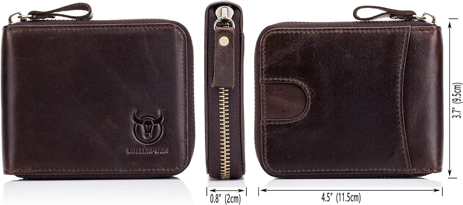 BULLCAPTAIN Mens Genuine Leather Zipper Wallet RFID Blocking Bifold Secure Zip Around Wallets Multi Credit Card Holder Purse (brown)