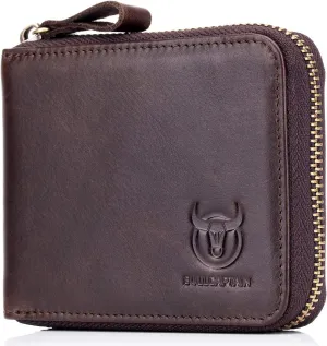 BULLCAPTAIN Mens Genuine Leather Zipper Wallet RFID Blocking Bifold Secure Zip Around Wallets Multi Credit Card Holder Purse (brown)