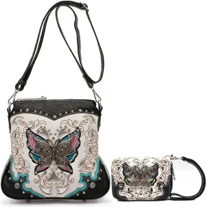 Butterfly Flower Springtime Purse Women Clutch Western CCW Rhinestone Crossbody Handbags With Mini Wallet