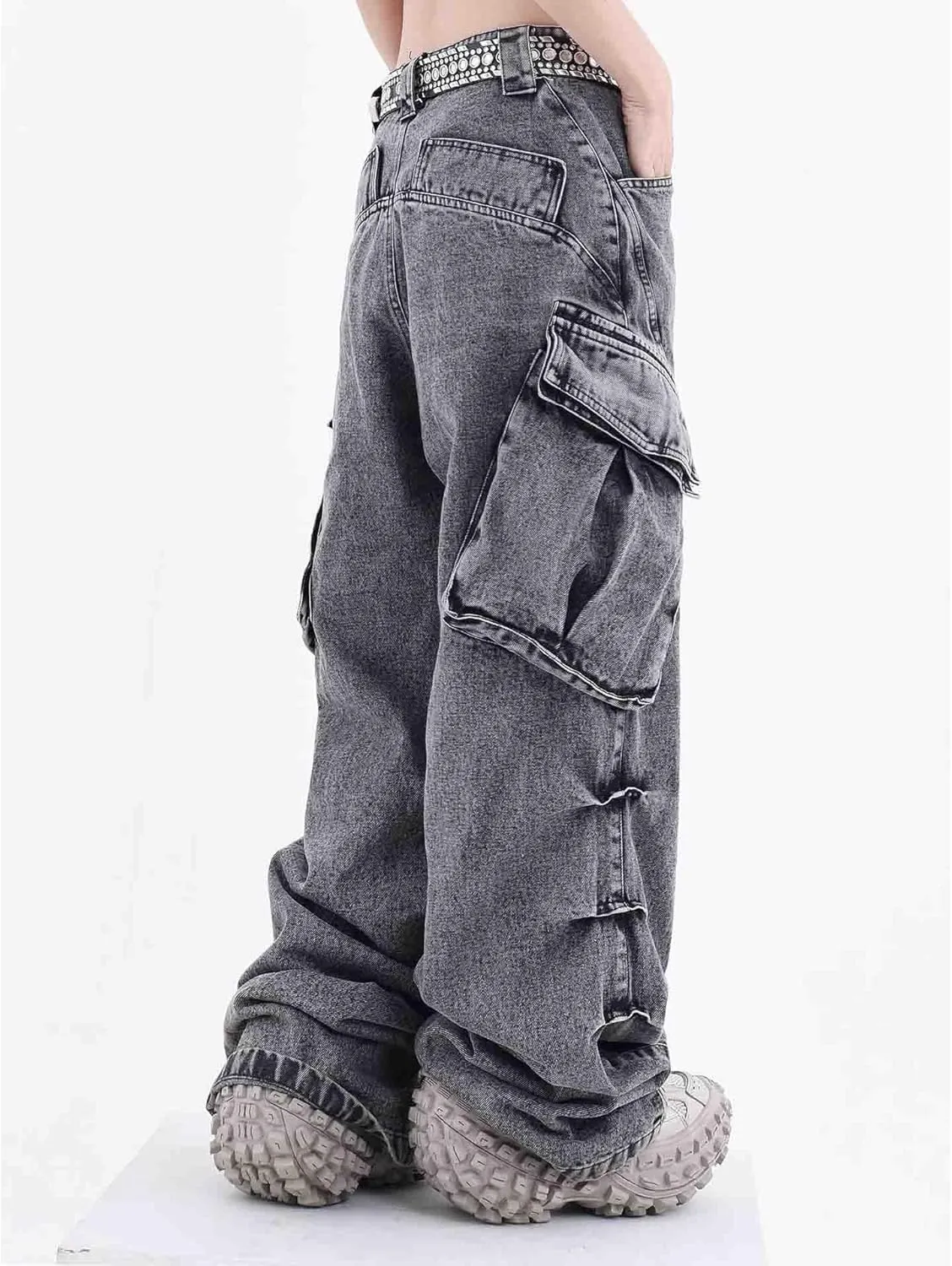 BXCNCKD American retro washed and worn-out large pocket workwear jeans wide leg straight leg jeans for men and women