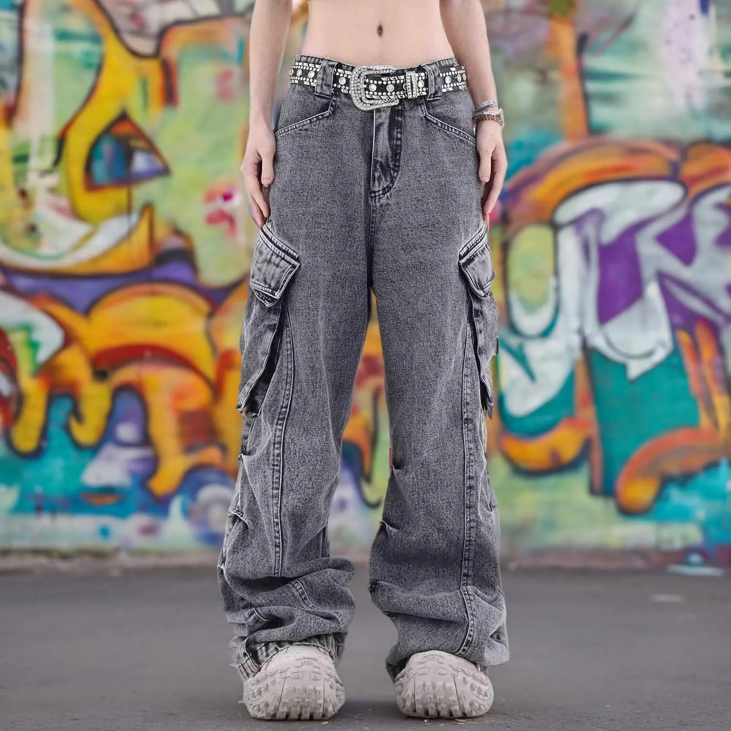 BXCNCKD American retro washed and worn-out large pocket workwear jeans wide leg straight leg jeans for men and women