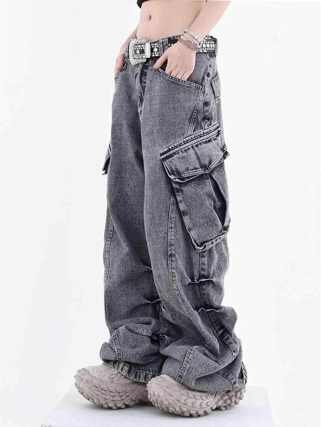 BXCNCKD American retro washed and worn-out large pocket workwear jeans wide leg straight leg jeans for men and women
