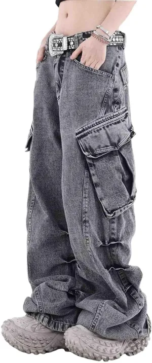 BXCNCKD American retro washed and worn-out large pocket workwear jeans wide leg straight leg jeans for men and women